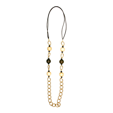 Fantasías Miguel Clave:IP1824 Collar Con Cuentas De Madera Café Y Cadena De Oro