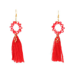 Aretes De Cristal Y Borla Roja