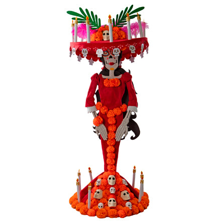 Catrina Con Vestido Rojo Y Cráneos