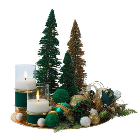 Centro De Mesa Navideño Pinos Verde-Oro
