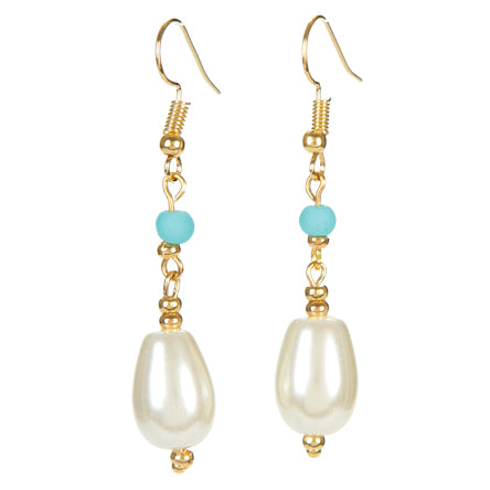 Aretes Con Gota Perla Marfil Y Cuenta Azul