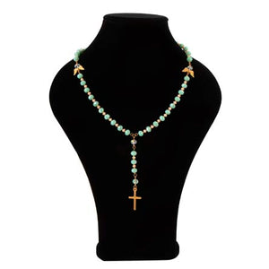Collar De Rosario Menta-Oro Con Cruz Y Alas De Metal