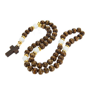 Rosario De Madera Con Cuenta Caucho Blanca