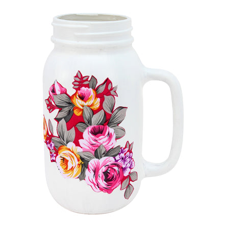 Frasco Con Agarradera Blanco Y Flores De Tela