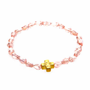 Pulsera De Cristal Rosa Con Cruz Oro