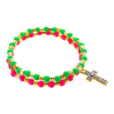 Pulsera Doble Verde- Rosa Neón Con Dije De Cruz