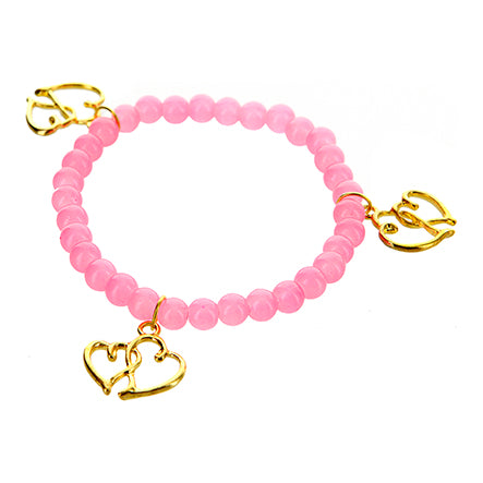 Pulsera Rosa Con Dijes Doble Corazón