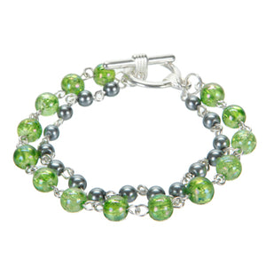 Pulsera Doble Con Cristales Lima Y Perlas Grises