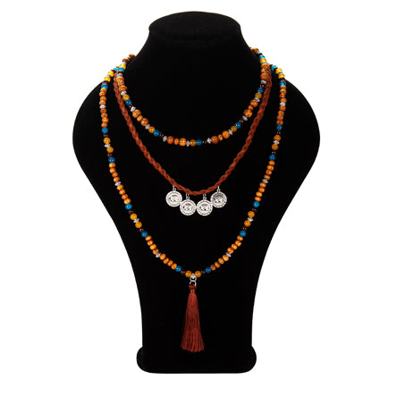 Collar Con Cirdin Imitacion Piel, Cuenta Redonda Y Cuenta Madera