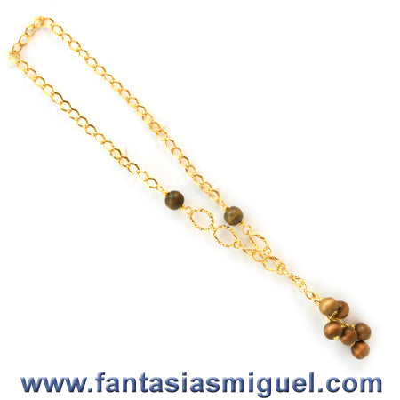 Collar De Cuentas Madera C/ Cadena Oro