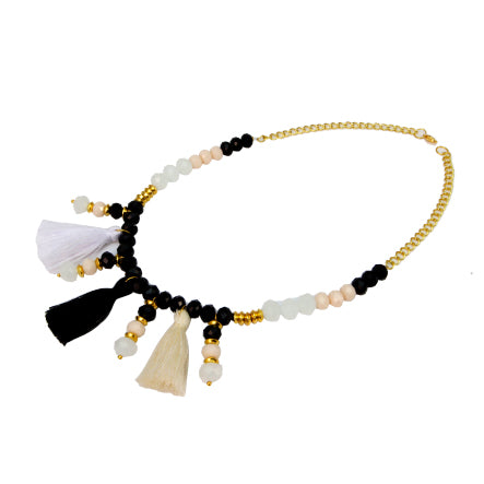 Collar Blanco-Marfil-Negro Con Cordón Encerado