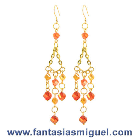 Aretes Con Cadena Y Cuentas Escalera Naranja Amarillo