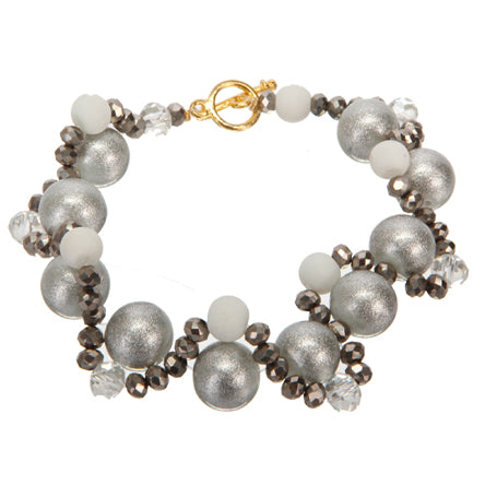 Pulsera Tonos Grises Con Perlas Y Cuenta Caucho