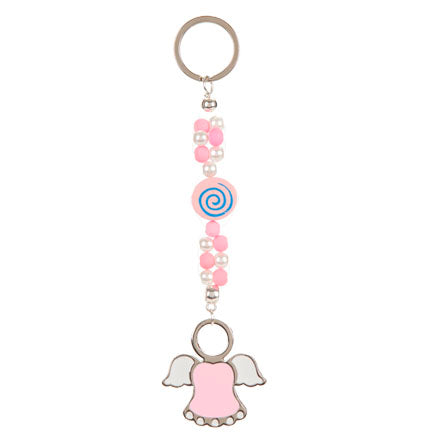 Llavero Con Perlas Blanco-Rosa Con Ángel