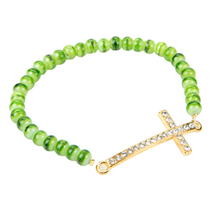 Pulsera De Cuenta Redonda Semi Preciosa Jade Con Cruz Curva De Cristales