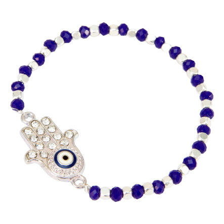 Pulsera Azul-Plata Con Dije Mano De La Suerte