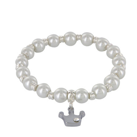 Pulsera Blanco-Plata Con Perla Y Dije Corona