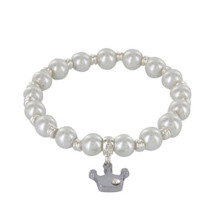 Pulsera Blanco-Plata Con Perla Y Dije Corona