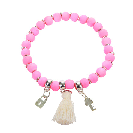Pulsera De Cuenta Caucho Rosa Con Borla Y Dijes Plata