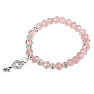 Pulsera Cristal Rosa-Plata Con Dije Llave Corazón