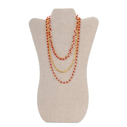 Collar Triple Con Cadena Y Rondeles Rojos