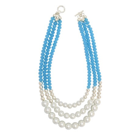 Collar Blanco-Plata Azul Con Perlas
