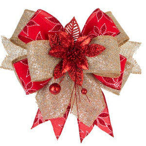 Moño Con Nochebuena Roja Y Listón De Yute