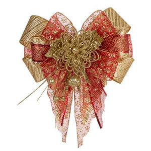 Moño Rojo/Oro Con Listón Organza Copo
