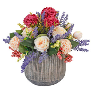 Maceta De Cemento Con Rosas Y Hortensias
