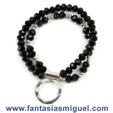 Pulsera Con Cuentas Negras Doble Con Aro Plata
