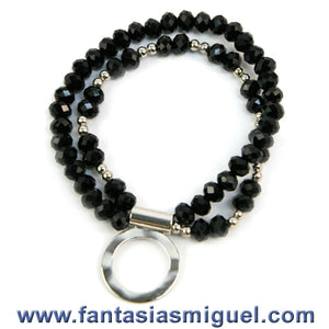 Pulsera Con Cuentas Negras Doble Con Aro Plata