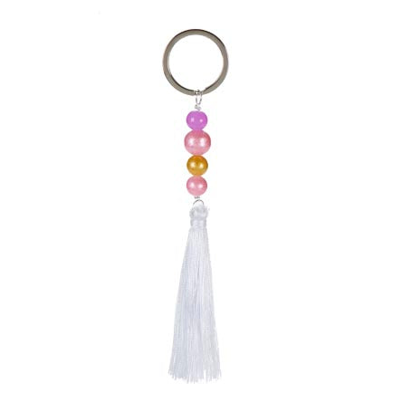 Llavero De Borla Blanca Con Perlas De Colores