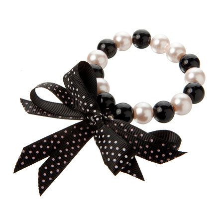 Pulsera Blanco-Negro Con Perlas Y Listón